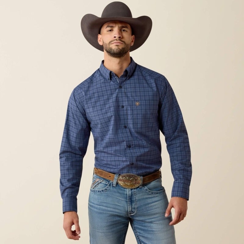 Ariat Pro Series Mens Medium Blue Grid Western Long Sleeve Button Down